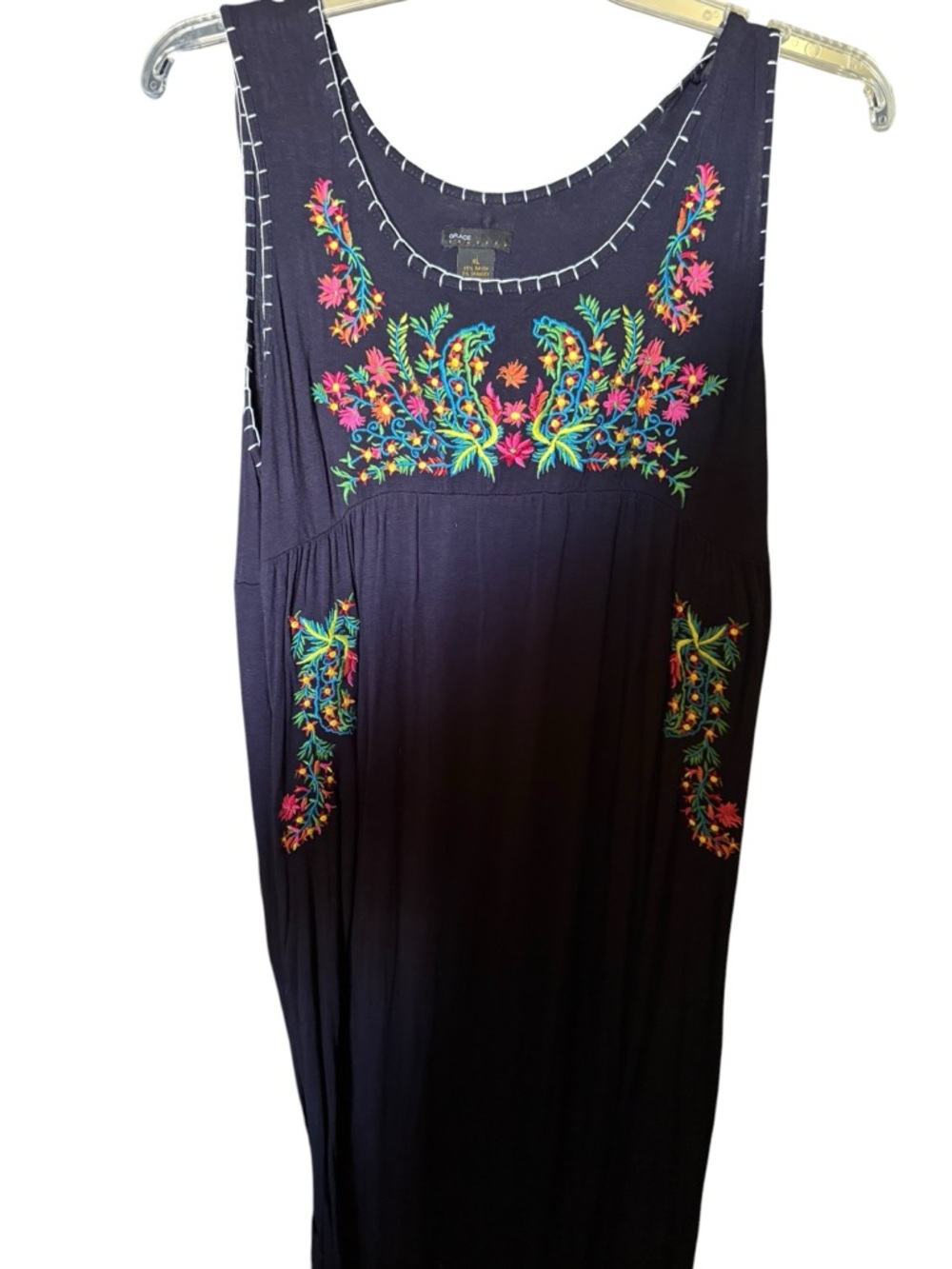 Grace Dresses Black Embroidered Maxi Dress XL Boho Floral Cottagecore